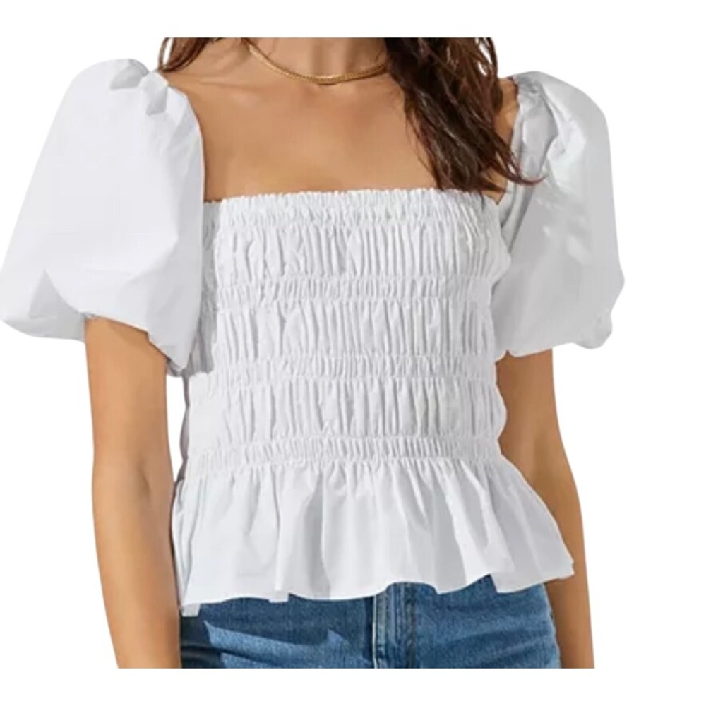Francesca's White Peplum Top Square Neck Puff Sleeve Blouse Women's Small‎